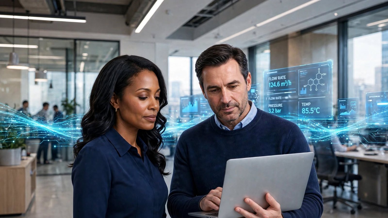 Two professionals reviewing data on a laptop with digital AI visuals