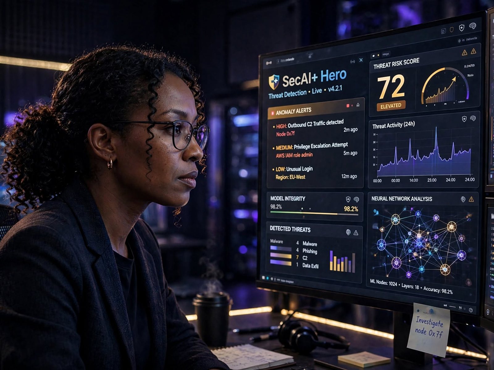 Security analyst studying an AI threat-detection dashboard
