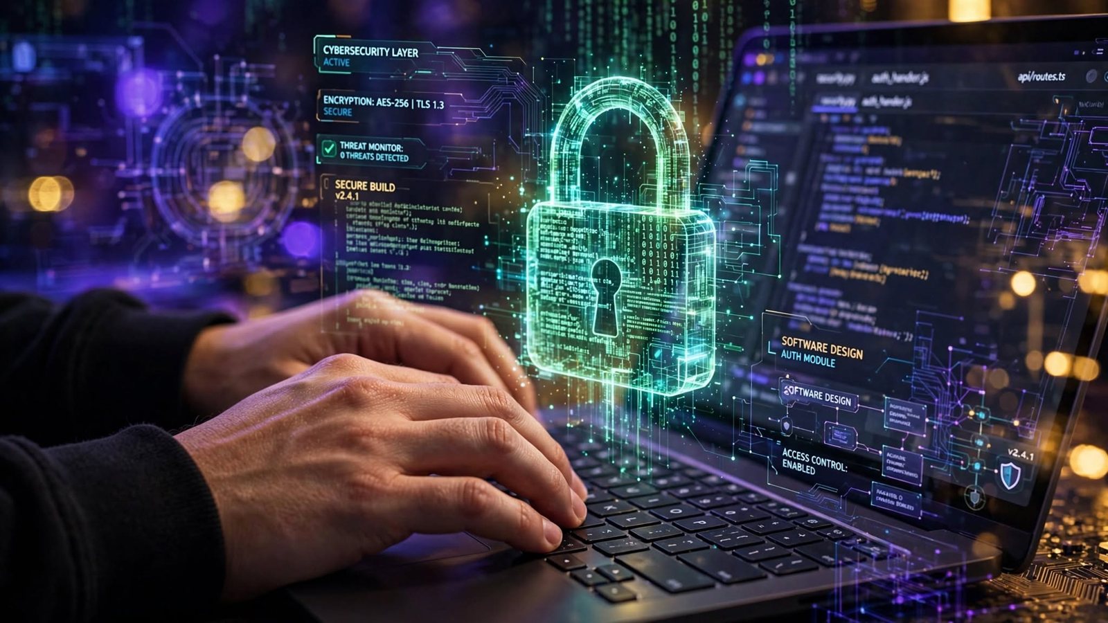 Hands on a laptop with a glowing cybersecurity padlock
